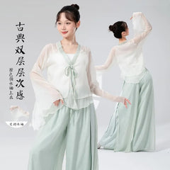 Bell-Sleeve Tie-Front Layered Mesh Dance Top