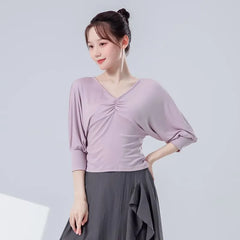 Puff-Sleeve V-Neck Plain Shirred Dance Top