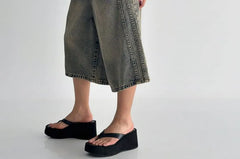 Mid Rise Washed Wide Leg Jorts