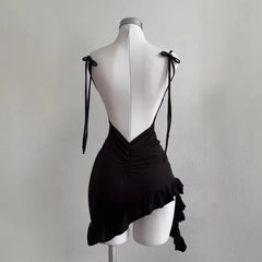 Spaghetti Strap Plain Open Back Ruffle Asymmetrical Mini Bodycon Dress