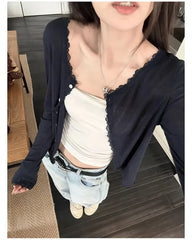 V-Neck Plain Lace Trim Button Up Cardigan