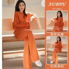 Set: Crew Neck Plain Pullover + Elastic Waist Wide Leg Pants
