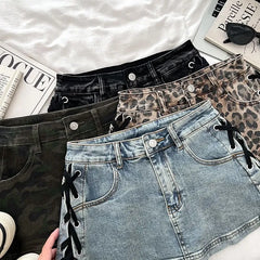 Mid Waist Lace-Up Denim Mini Pencil Skorts