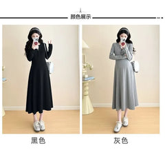 Maternity Long-Sleeve Henley Contrast Trim Midi A-Line Dress