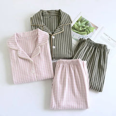 Couple Matching Pajama Set: Long Sleeve Collared Plaid Shirt + Elastic Waist Straight Leg Pants (Various Designs)