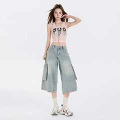 Mid Rise Washed Capri Wide Leg Cargo Jeans