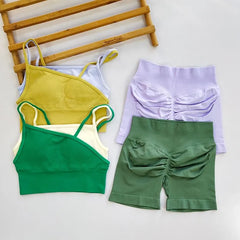 Plain Asymmetrical Plain Ribbed Sports Bra / High Waist Biker Shorts
