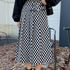 [XL-4XL] High Rise Checkerboard Midi A-Line Skirt