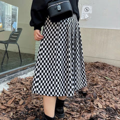 [XL-4XL] High Rise Checkerboard Midi A-Line Skirt