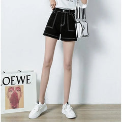 High Waist Contrast Stitch Denim Shorts
