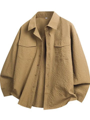 Long-Sleeve Button-Up Plain Textured Shirt
