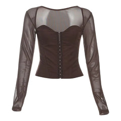 L - Long Sleeve Square-Neck Plain Corset Top