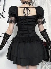 Puff-Sleeve Sweetheart-Neck Plain Lace Ruffle Mini A-Line Dress
