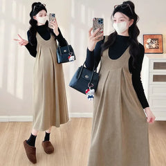 Maternity Long-Sleeve Mock Neck Plain T-Shirt / Scoop Neck Pleated Midi A-Line Overall Dress / Set