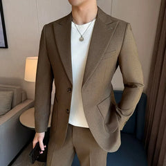 Peak Lapel Single-Breasted Plain Blazer / Mid Rise Straight Leg Dress Pants / Set