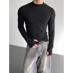 Long-Sleeve Mock Neck Plain Slim Fit T-Shirt