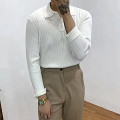 Long-Sleeve Plain Ribbed Knit Polo Shirt