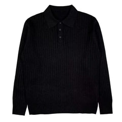 Long-Sleeve Plain Ribbed Knit Polo Shirt