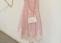 Long Sleeve Collared Panel Lace Midi A-Line Dress