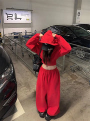 Plain Cropped Zip Hoodie / Drawstring Waist Baggy Sweatpants