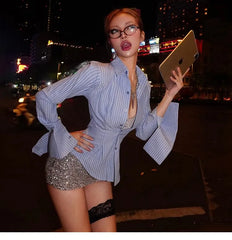Long-Sleeve Striped Tie-Front Crop Button-Up Shirt / Low Waist Sequined Mini Pencil Skirt