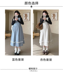 Maternity Long-Sleeve Mock Neck Plain Knit Top / Sleeveless Crew Neck Midi A-Line Dress / Set