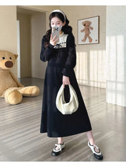 Maternity Long-Sleeve Mock Neck Two Tone Midi A-Line Dress