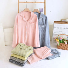 Couple Matching Pajama Set: Long-Sleeve Lapel Collar Plaid Button-Up Top + Pants (Various Designs)
