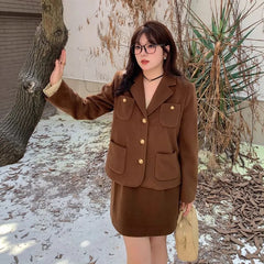[XL-4XL] Set: Notch Lapel Single-Breasted Plain Blazer + High Rise Mini A-Line Skirt