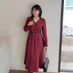 [XL-4XL] Long-Sleeve V-Neck Contrast Trim Double-Breasted Midi A-Line Dress / Belt