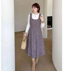 [XL-4XL] Set: Long-Sleeve Crew Neck Plain Tee + Scoop Neck Button-Up Midi A-Line Dungaree Dress