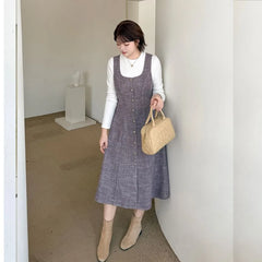 [XL-4XL] Set: Long-Sleeve Crew Neck Plain Tee + Scoop Neck Button-Up Midi A-Line Dungaree Dress