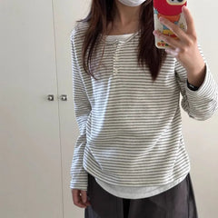 Mock Two-Piece Long-Sleeve Henley Striped T-Shirt