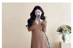 Maternity Long-Sleeve Round Neck Plain Midi A-Line Dress