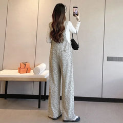 Maternity Long-Sleeve Crew Neck Plain Tee / Striped Wide Leg Jumper Pants / Set