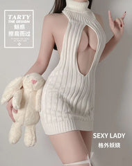 Sleeveless Turtleneck Plain Cutout Open Back Knit Chemise