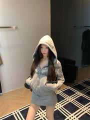 Jacquard Drawstring Hooded Zip Cardigan / Elastic Waist Mini Pencil Knit Skirt
