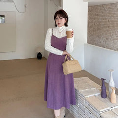 [XL-4XL] Set: Long-Sleeve Turtleneck Lace Top + Spaghetti Strap V-Neck Plain Midi A-Line Dress