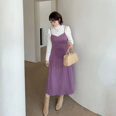 [XL-4XL] Set: Long-Sleeve Turtleneck Lace Top + Spaghetti Strap V-Neck Plain Midi A-Line Dress