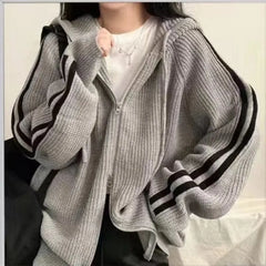 Striped Hooded Ribbed Zip Cardigan
