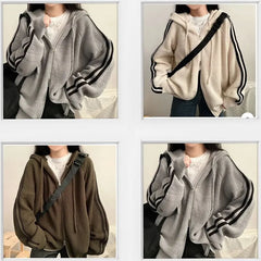 Striped Hooded Ribbed Zip Cardigan