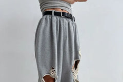 Unisex Elastic Waist Distressed Plain Loose-Fit Sweatpants
