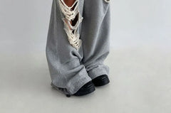 Unisex Elastic Waist Distressed Plain Loose-Fit Sweatpants