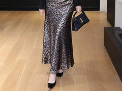 Plus Size High Waist Leopard Print Maxi A-Line Skirt