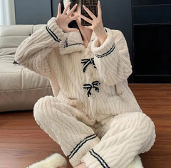 Pajama Set: Collared Bow Coral Fleece Faux Pearl Button Jacket + Straight Leg Pants