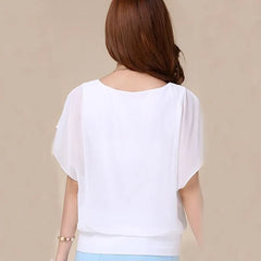 Batwing Sleeve Plain Chiffon Paneled Blouse