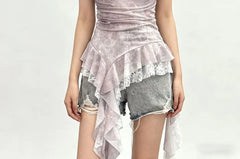 Asymmetrical Ruffle Trim Lace Panel Mesh Slim Fit Camisole Top