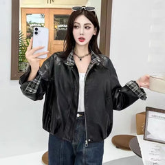 Faux Leather Plaid Lining Zip-Up Biker Jacket
