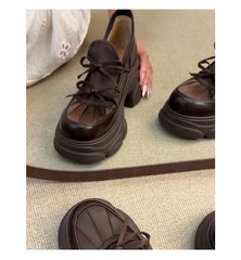 Lace-Up Faux Leather Platform Chunky Heel Sneakers