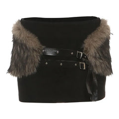 Faux Fur Trim Tube Top / Low waist Mini Pencil Skirt